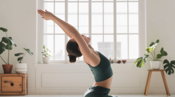 Rücken gesund, Alltag leichter - Die besten Übungen gegen Verspannungen. Person führt sanfte Rückenübungen auf einer Yogamatte im hellen Wohnraum aus, lockert Schultern und Wirbelsäule – ideal gegen Verspannungen und für einen leichteren, schmerzfreien Alltag.