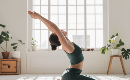 Rücken gesund, Alltag leichter - Die besten Übungen gegen Verspannungen. Person führt sanfte Rückenübungen auf einer Yogamatte im hellen Wohnraum aus, lockert Schultern und Wirbelsäule – ideal gegen Verspannungen und für einen leichteren, schmerzfreien Alltag.