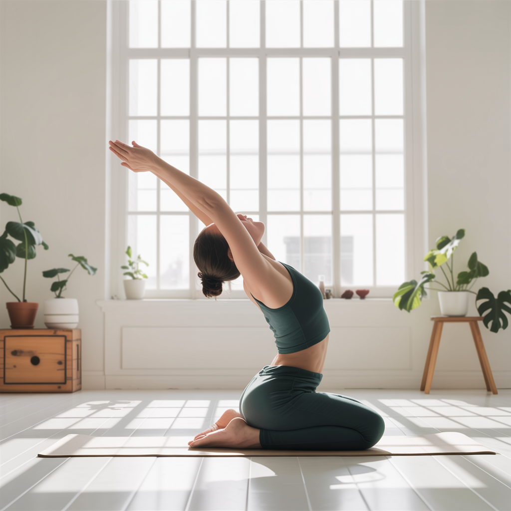 Rücken gesund, Alltag leichter - Die besten Übungen gegen Verspannungen. Person führt sanfte Rückenübungen auf einer Yogamatte im hellen Wohnraum aus, lockert Schultern und Wirbelsäule – ideal gegen Verspannungen und für einen leichteren, schmerzfreien Alltag.