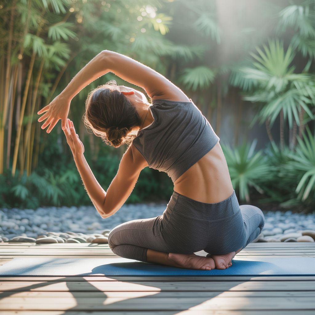 Frau macht Yoga in der Natur. Rücken gesund, Alltag leichter – Die besten Übungen gegen Verspannungen