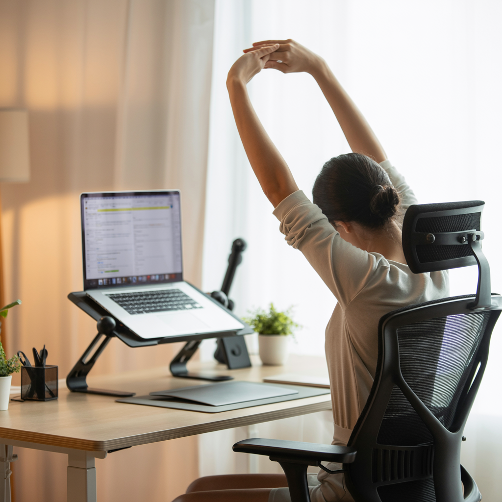 Person dehnt sich am Schreibtisch. Rücken gesund, Alltag leichter – Die besten Übungen gegen Verspannungen