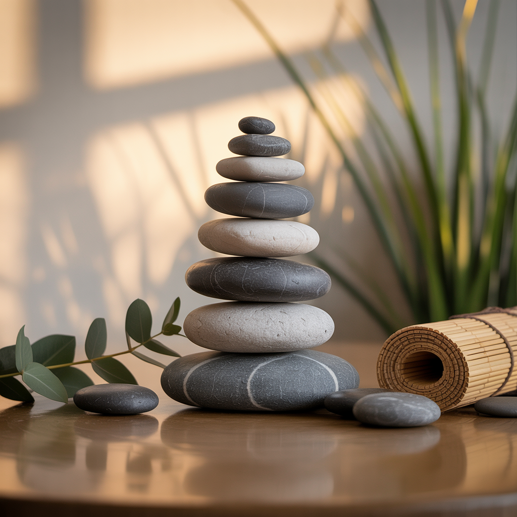 Steine in harmonischer Balance gestapelt. Rücken gesund, Alltag leichter – Die besten Übungen gegen Verspannungen