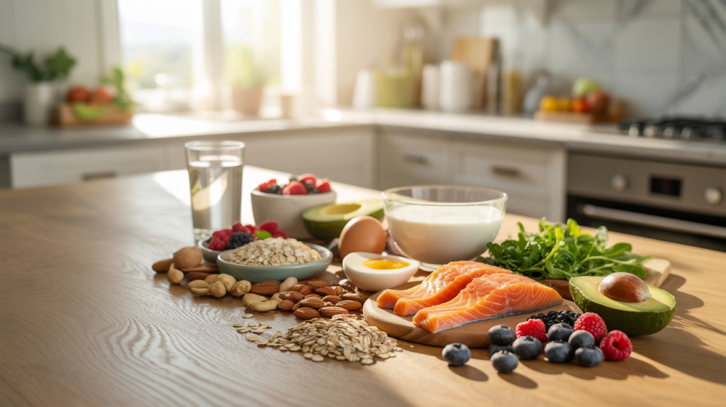 Abnehmen ohne Verzicht. Gesunde Lebensmittel wie Lachs, Avocado, Eier, Beeren, Haferflocken und Nüsse auf einem Holztisch als Konzept für ausgewogene Ernährung und Abnehmen ohne Verzicht.