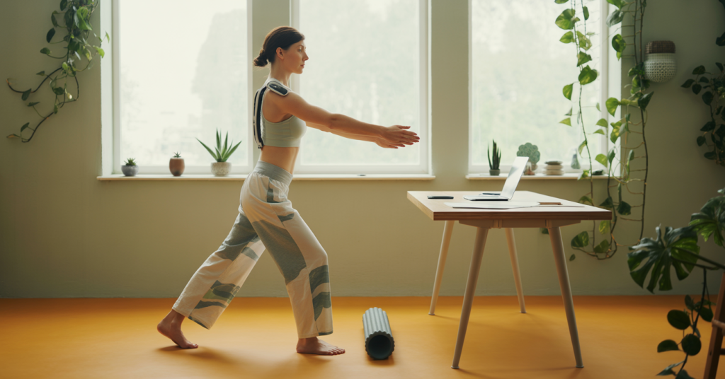 Welche unkonventionellen Strategien beugen chronischen Rückenschmerzen vor? Frau bei Übung vor dem PC.