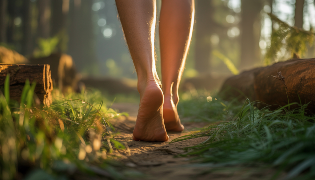 Barfußlaufende Person auf einem Waldweg zur Förderung der Rückengesundheit und zur Unterstützung bei chronischen Rückenschmerzen, mit natürlicher Fußbewegung und aufrechter Körperhaltung im warmen Morgenlicht.