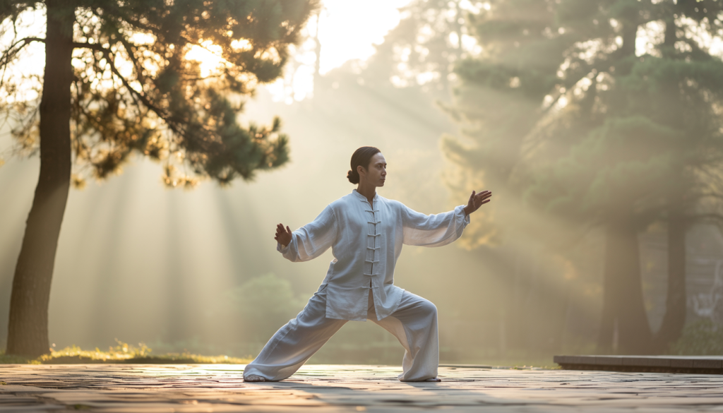Person praktiziert Qi Gong bei Sonnenaufgang im Park zur Aktivierung Parasympathikus
