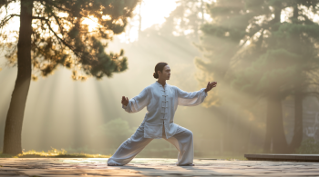 Person praktiziert Qi Gong bei Sonnenaufgang im Park zur Aktivierung Parasympathikus