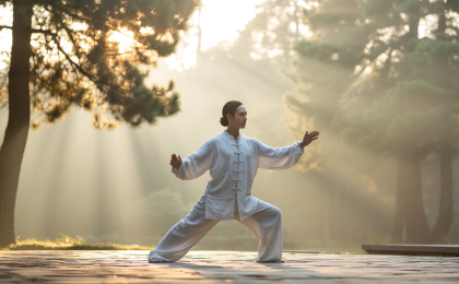 Person praktiziert Qi Gong bei Sonnenaufgang im Park zur Aktivierung Parasympathikus