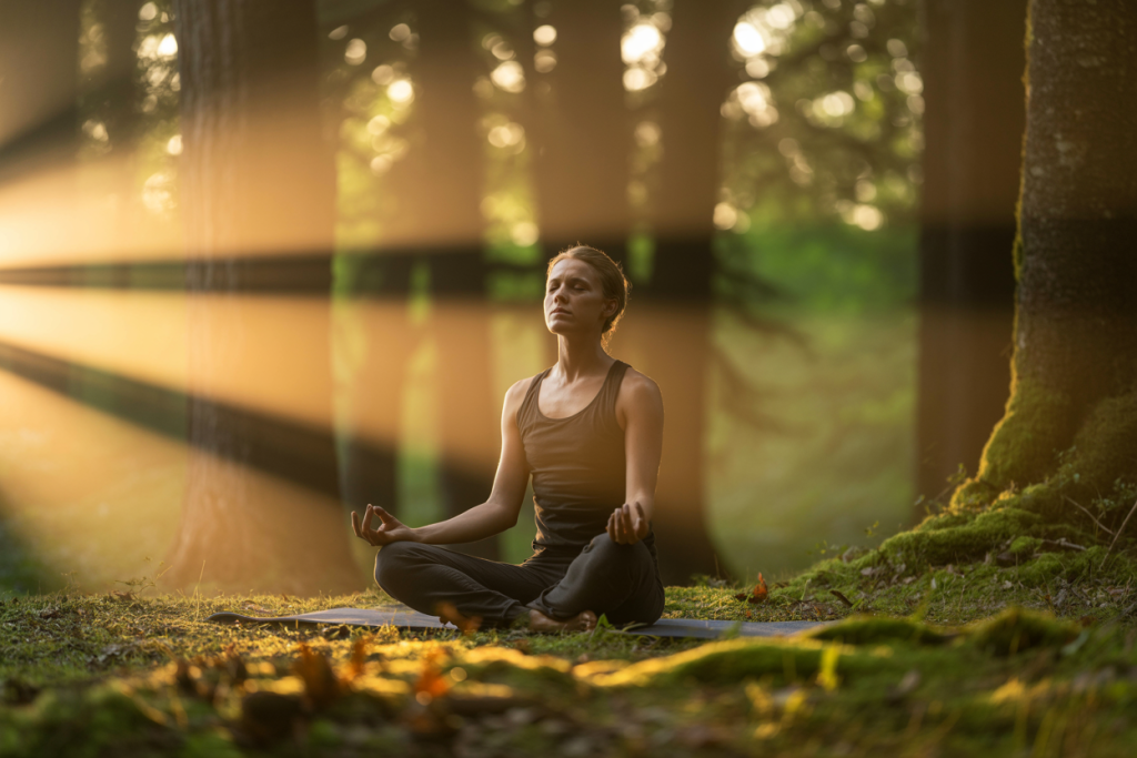 Person praktiziert tiefe Bauchatmung im Wald, um den Parasympathikus aktivieren zu können und Stress abzubauen. Aktivierung Parasympathikus Übungen