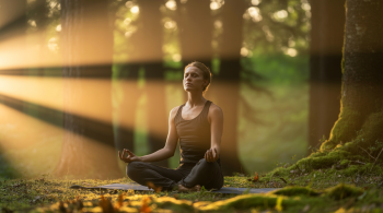 Person praktiziert tiefe Bauchatmung im Wald, um den Parasympathikus aktivieren zu können und Stress abzubauen. Aktivierung Parasympathikus Übungen