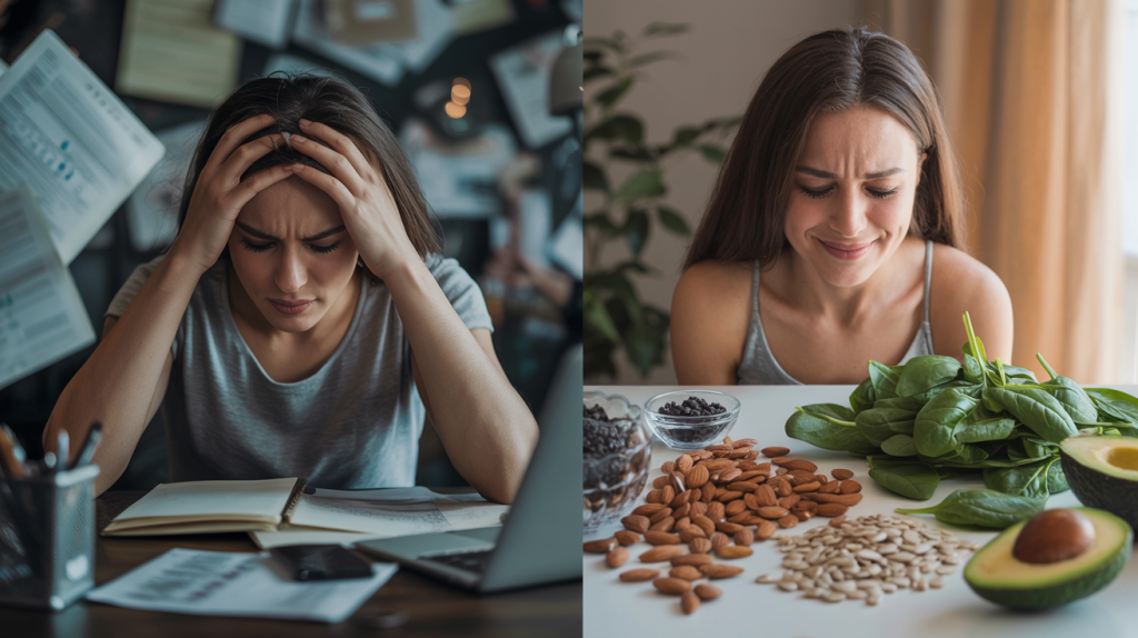 Magnesium gegen Stress: realistisches Bild einer gestressten Person im Vergleich zu entspanntem Zustand mit magnesiumreichen Lebensmitteln wie Nüssen, Spinat und Samen