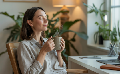Stress im Alltag reduzieren: Entspannte selbstständige Frau macht eine bewusste Pause im minimalistischen Homeoffice