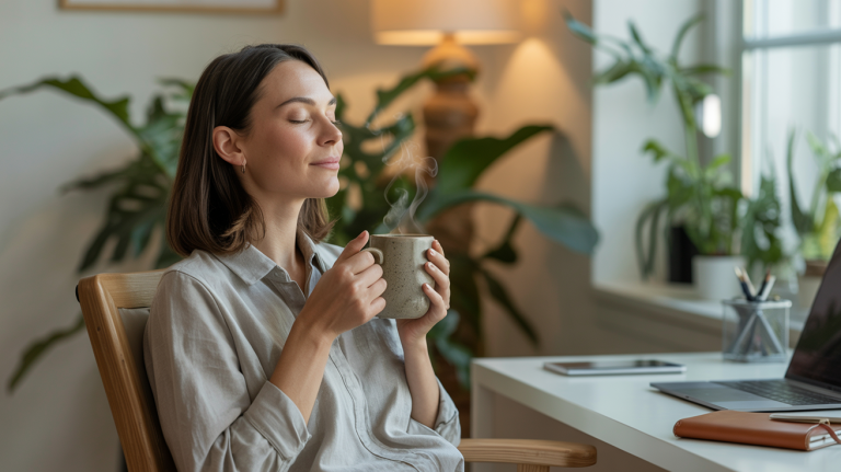 Stress im Alltag reduzieren: Entspannte selbstständige Frau macht eine bewusste Pause im minimalistischen Homeoffice