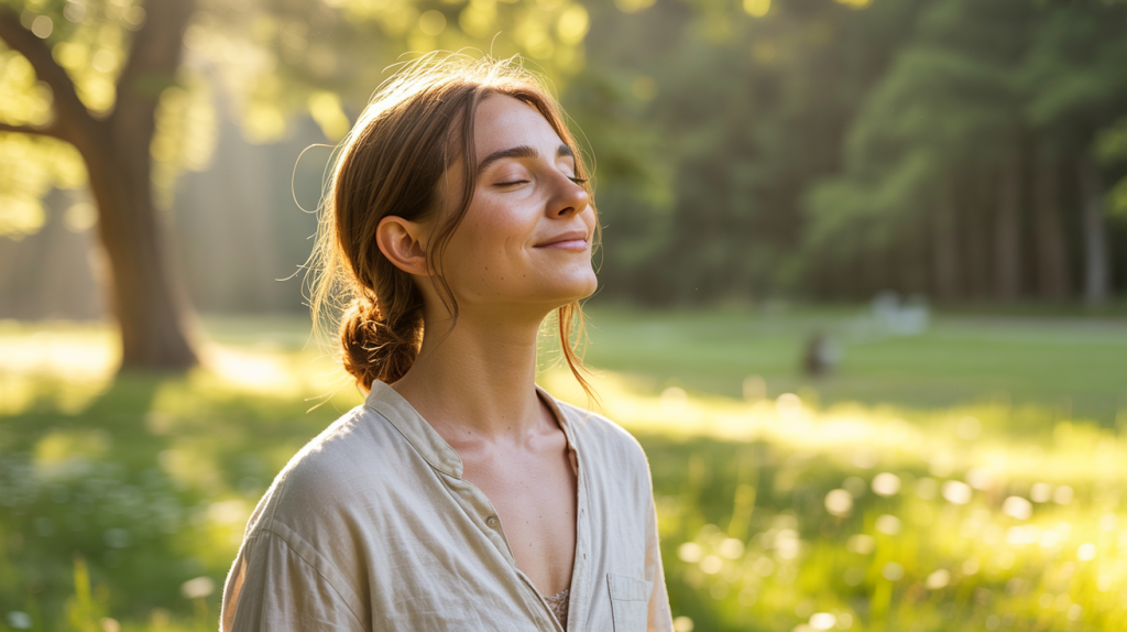Stress Symptome erkennen: Ruhiger Moment in der Natur mit entspannter Person als Symbol für Stressabbau und innere Balance