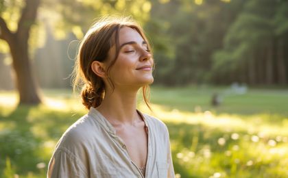 Stress Symptome erkennen: Ruhiger Moment in der Natur mit entspannter Person als Symbol für Stressabbau und innere Balance