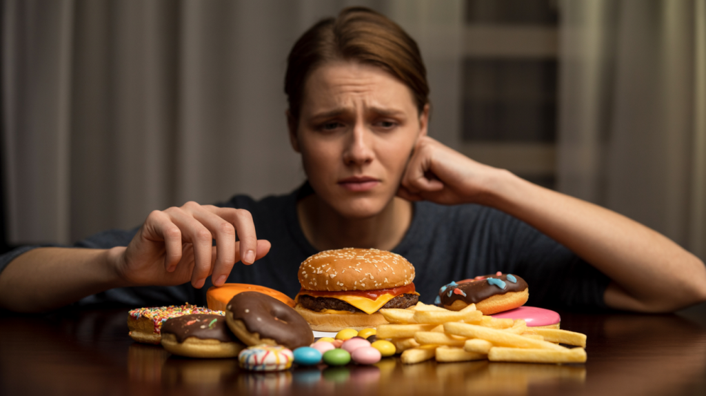 Stress Symptome erkennen: Heißhunger auf Junkfood wie Chips und Schokolade als körperliche Reaktion auf Stress dargestellt