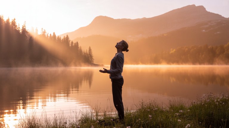 Ruhige Naturszene bei Sonnenaufgang: Eine Person steht an einem nebelverhangenen See und atmet tief durch, umgeben von sanftem goldenem Licht und entspannender Atmosphäre. Stress abbauen in 5 Minuten.