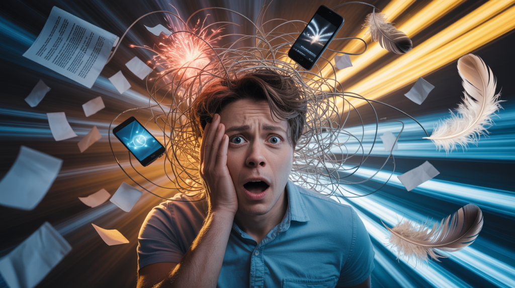 Person mit ungläubigem Gesichtsausdruck steht im Zentrum eines chaotischen Sturms aus fliegenden Papieren und Symbolen für Stress, während sich auf einer Seite ruhiges, warmes Licht und eine entspannte Atmosphäre ausbreiten.