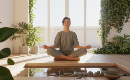 Cortisol senken: Entspannte Person meditiert in ruhiger, heller Umgebung mit Pflanzen und natürlichem Licht zur Stressreduktion
