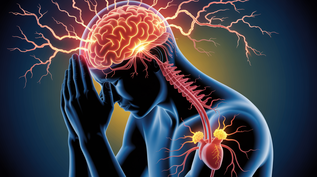 Was passiert im Körper bei Stress – medizinische Illustration zeigt Gehirn, Nervensystem und Stresshormone wie Adrenalin und Cortisol im Körper.