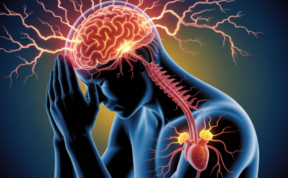 Was passiert im Körper bei Stress – medizinische Illustration zeigt Gehirn, Nervensystem und Stresshormone wie Adrenalin und Cortisol im Körper.