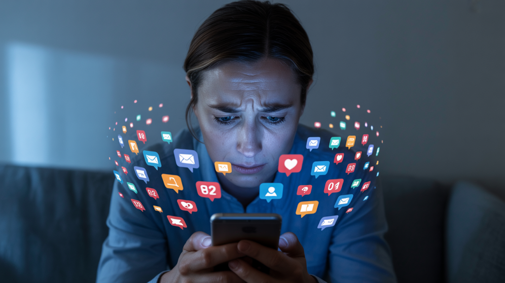 Telefon stresst: Person schaut nachts auf ein leuchtendes Smartphone, während viele Benachrichtigungen digitalen Stress und Reizüberflutung zeigen.