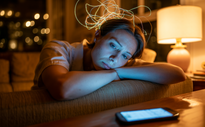 Person sitzt abends müde auf dem Sofa mit Smartphone und kann sich nicht entspannen – typische Gewohnheiten, warum viele Menschen abends nicht entspannen können