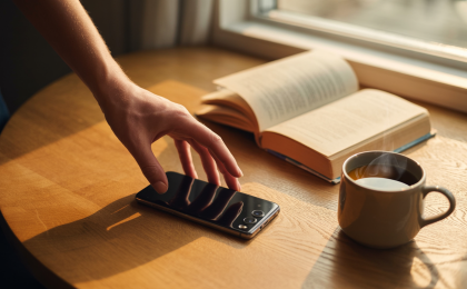 Person legt Smartphone auf den Tisch – Symbolbild für Digital Detox und weniger Bildschirmzeit im Alltag.