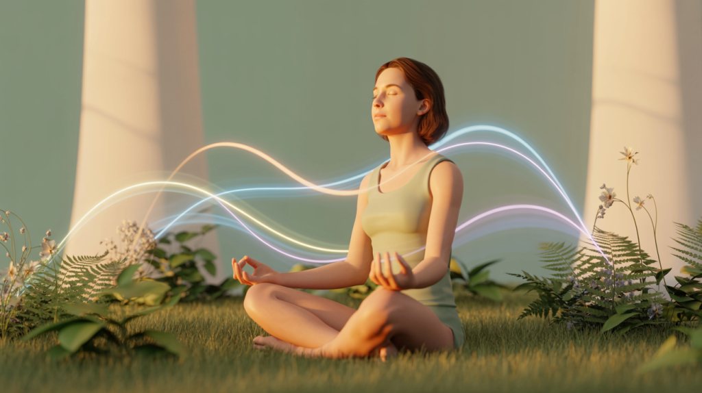 Nervensystem beruhigen durch ruhiges Atmen in der Natur – entspannte Person in friedlicher Umgebung gegen Stress und Unruhe.