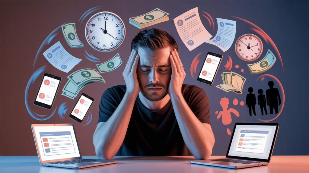 Ursachen von Stress – überforderte Person am Schreibtisch mit Smartphone, E-Mails, Uhr und Dokumenten als typische Stressfaktoren im Alltag.