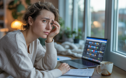 Chronischer Stress bei Frauen: erschöpfte Frau sitzt zu Hause mit Laptop und Kaffee und wirkt mental überlastet.