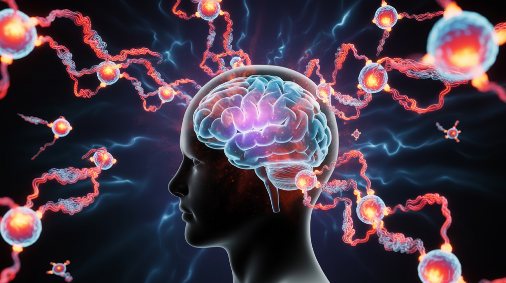 Chemikalien im Gehirn bringen den Kopf durcheinander – Illustration eines Gehirns mit chaotischen Neurotransmittern und Stresshormonen.