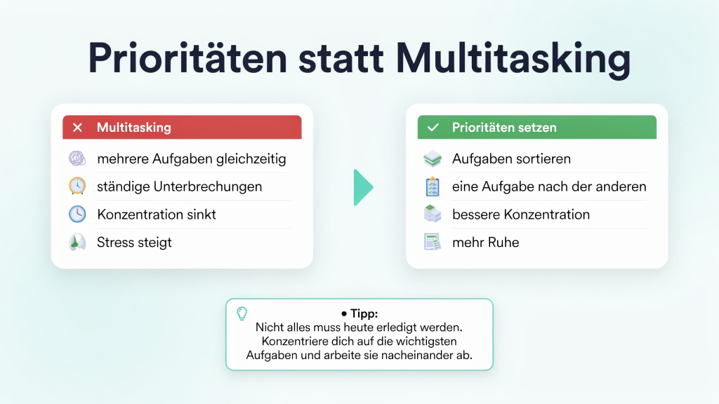 Infografik vergleicht Multitasking mit dem Setzen von Prioritäten. Während Multitasking zu häufigen Unterbrechungen und mehr Stress führt, fördern klare Prioritäten bessere Konzentration und mehr Gelassenheit im Alltag