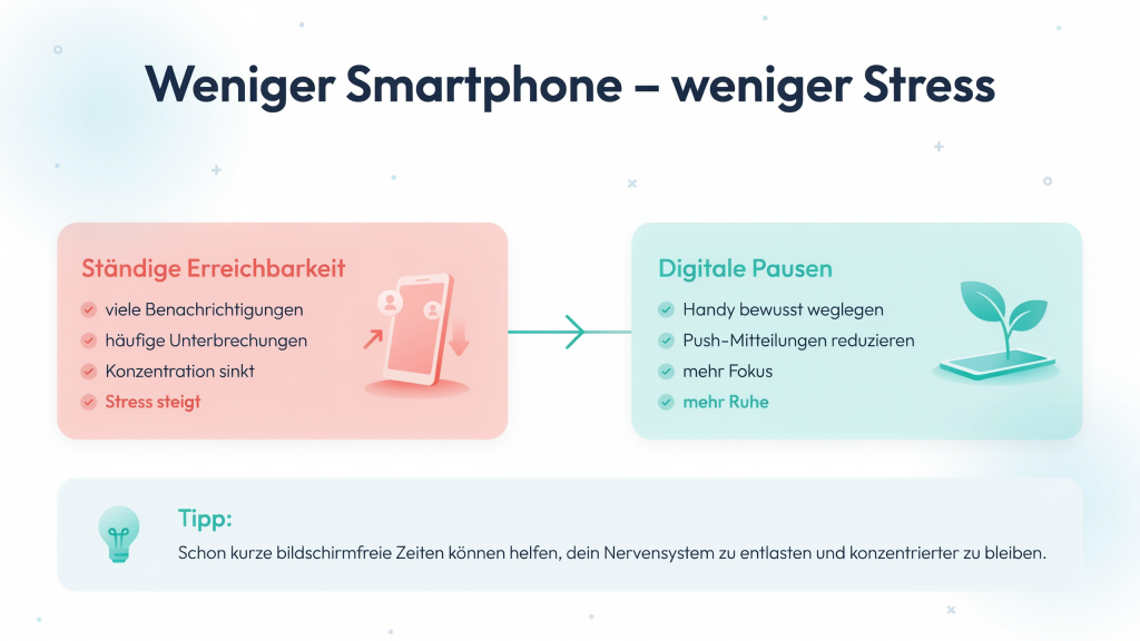 Infografik zeigt den Unterschied zwischen ständiger Smartphone-Nutzung und bewussten digitalen Pausen. Weniger Benachrichtigungen und feste Handyzeiten fördern Konzentration und reduzieren Stress.