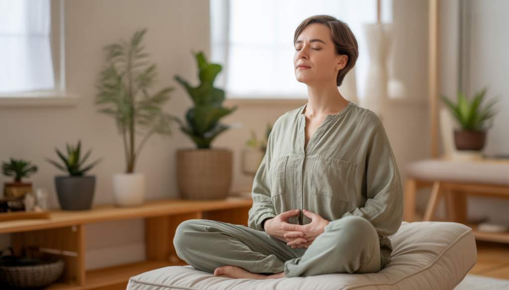 Atemübungen gegen Stress: Person sitzt entspannt mit geschlossenen Augen und Händen auf dem Bauch und praktiziert tiefe Bauchatmung in einer ruhigen, minimalistischen Wellness-Umgebung mit Pflanzen und warmem natürlichen Licht.