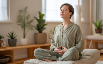 Atemübungen gegen Stress: Person sitzt entspannt mit geschlossenen Augen und Händen auf dem Bauch und praktiziert tiefe Bauchatmung in einer ruhigen, minimalistischen Wellness-Umgebung mit Pflanzen und warmem natürlichen Licht.