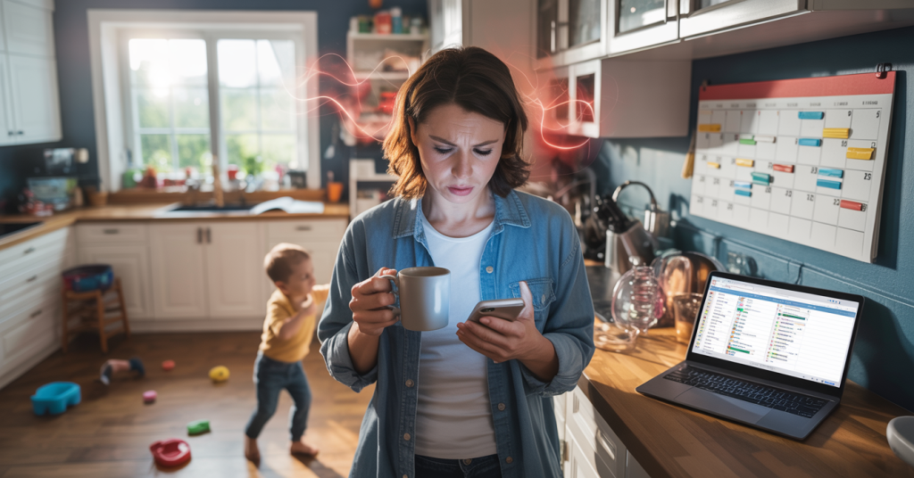 Überforderte Person im morgendlichen Alltagschaos mit Smartphone, Laptop und Kind – Cortisol erhöhen unbewusst durch Stress und Multitasking. Cortisol erhöhen unbewusst?