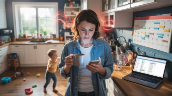 Überforderte Person im morgendlichen Alltagschaos mit Smartphone, Laptop und Kind – Cortisol erhöhen unbewusst durch Stress und Multitasking. Cortisol erhöhen unbewusst?