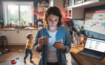 Überforderte Person im morgendlichen Alltagschaos mit Smartphone, Laptop und Kind – Cortisol erhöhen unbewusst durch Stress und Multitasking. Cortisol erhöhen unbewusst?