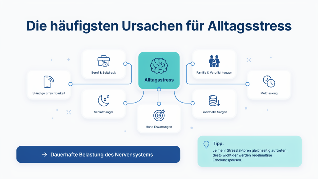 Infografik zeigt die häufigsten Ursachen für Alltagsstress. Beruflicher Zeitdruck, Familie, ständige Erreichbarkeit, Multitasking, Schlafmangel, finanzielle Sorgen und hohe Erwartungen können das Nervensystem dauerhaft belasten.