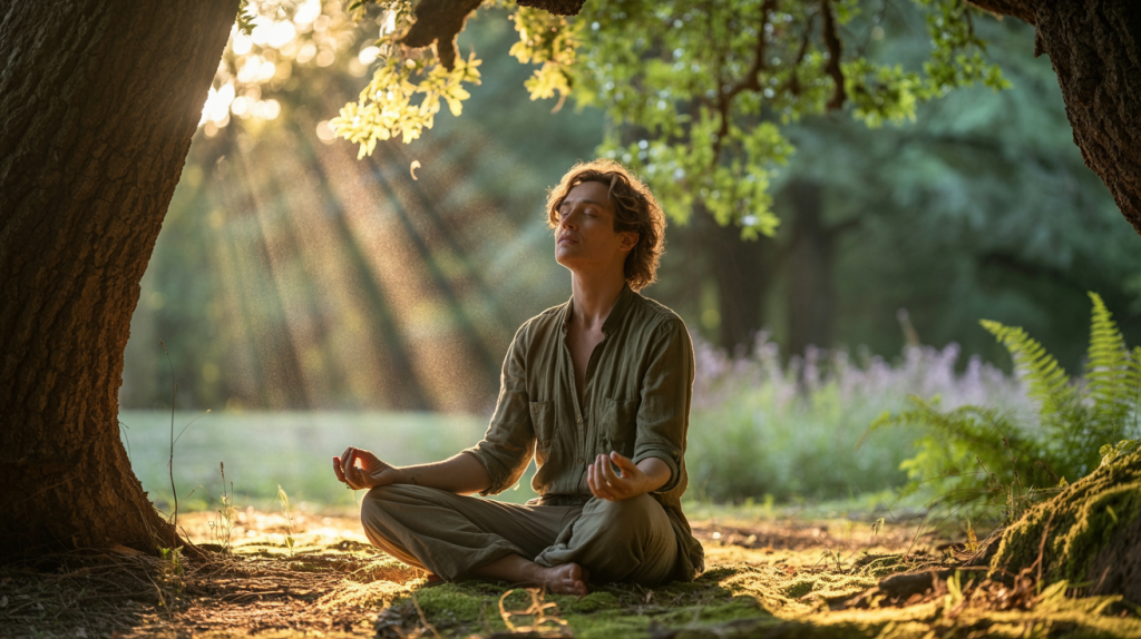 Entspannte Person in der Natur zeigt Tipps zur Stressbewältigung und was tun bei akutem Stress im Alltag