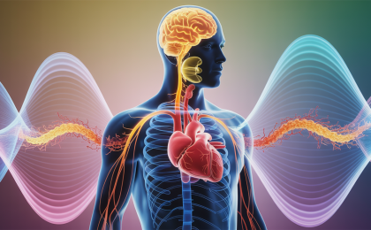 Stress im Körper: Illustration zeigt die körperliche Stressreaktion mit aktivem Gehirn, Herzschlag und Hormonen