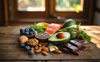 Ernährung gegen Stress mit gesunden Lebensmitteln wie Avocado Nüssen Beeren und Lachs auf einem Tisch angerichtet
