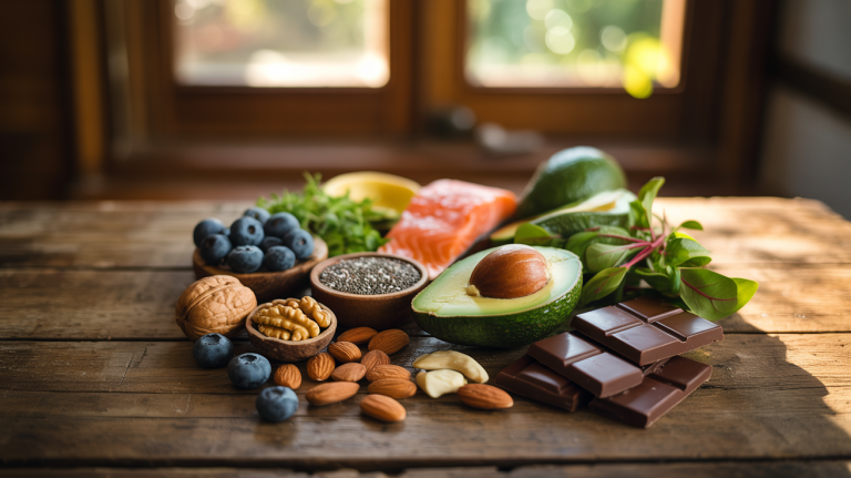 Ernährung gegen Stress mit gesunden Lebensmitteln wie Avocado Nüssen Beeren und Lachs auf einem Tisch angerichtet