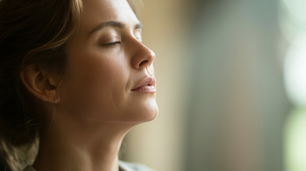 Ruhige Person beim tiefen Atmen zeigt Methoden die bei akutem Stress helfen und zur Entspannung beitragen