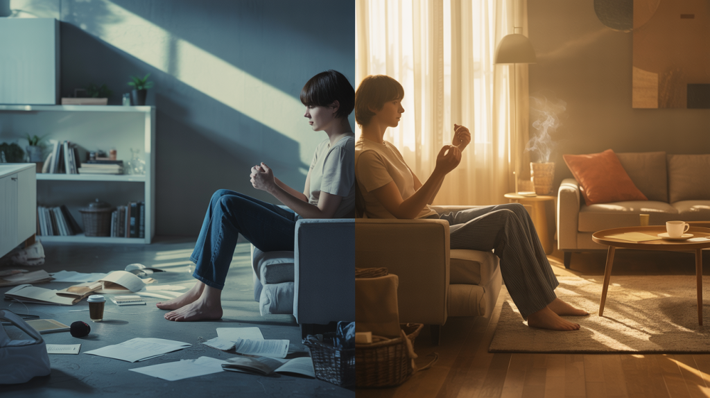 Split-Szene zeigt Person mit plötzlichem Stress links und entspannte Person rechts, Übergang von Anspannung zu Ruhe, Stressattacke stoppen