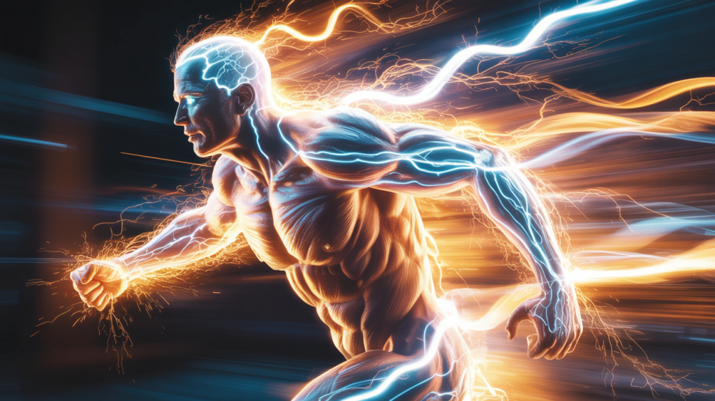 Stresshormone einfach erklärt: Adrenalin als Turbo-Knopf des Körpers mit schneller Energiefreisetzung dargestellt