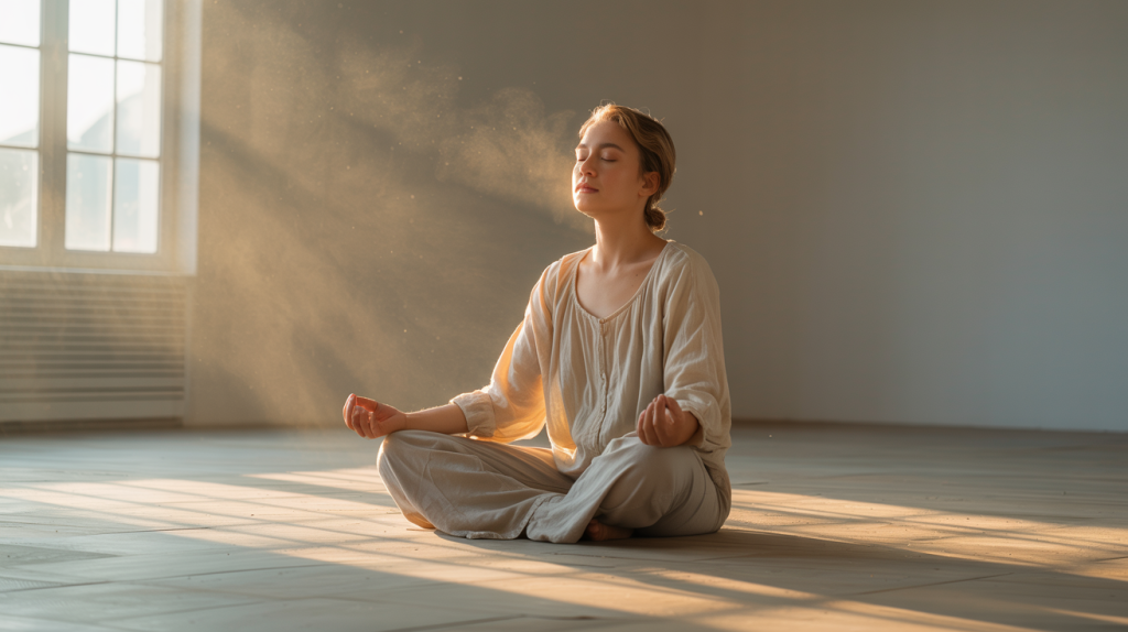 Stress abbauen. person macht tiefe bauchatmung zur stressreduktion und beruhigt das nervensystem