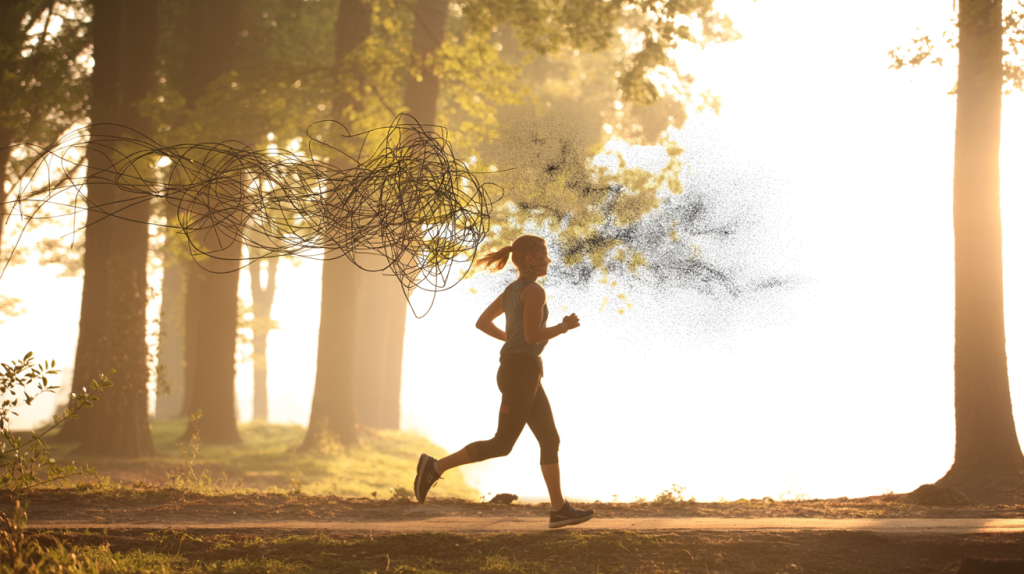 Person joggt in der Natur, während sich dunkle, verknotete Gedankenlinien in helle Partikel auflösen – Symbol für weniger Overthinking durch Bewegung