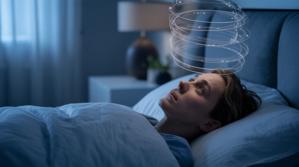 Grübeln stoppen: Person mit kreisenden Gedanken im Kopf nachts im Bett